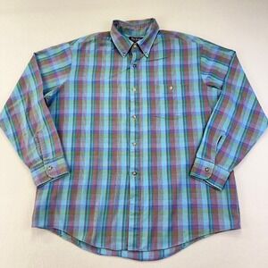 VTG‎ Par Four Shirt Mens XL Blue Plaid L/S Button Up Cotton Retro Casual